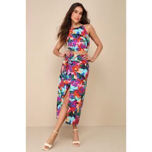 NWT Lulus Gorgeous Destination Blue Multi Floral Two Piece Midi Dress Womens XS